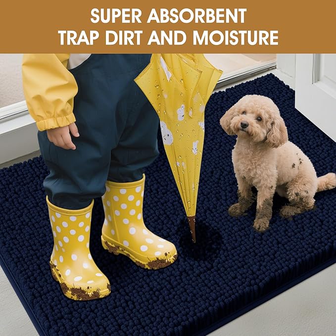 Dog Door Mats for Muddy Paws, Chenille Absorbent Door Mats, Non Slip Heavy Mud Mat for Dogs, Soft Indoor Door Mat for Entryway, Mud Paws, Inside Floor,30" X 20", Navy Blue