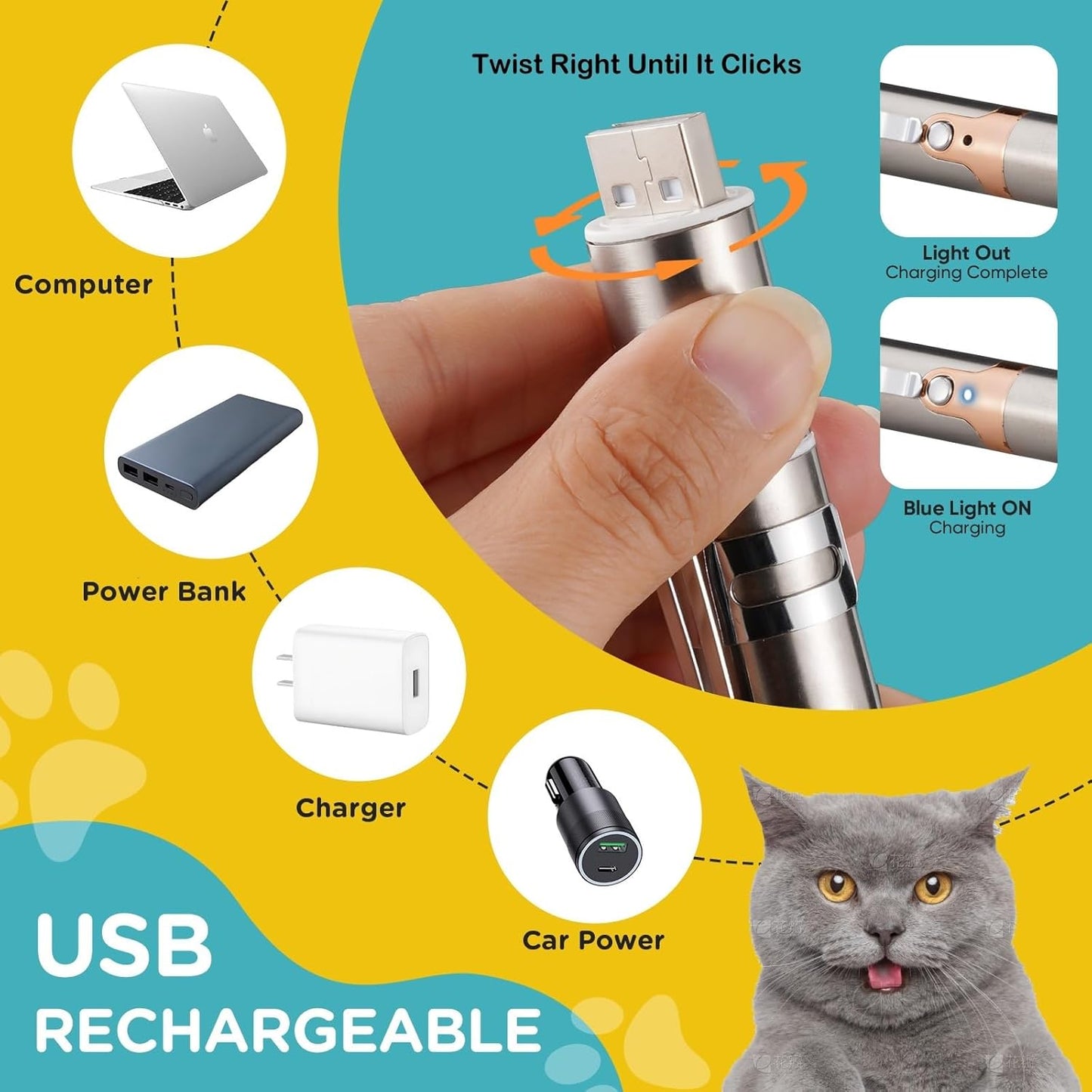 Cat Toy Pointer for Indoor, USB Rechargeable Cat Toy, 3 Light Colors Cat Interactive Toys for Dogs, Cats, Pet Chase Toy for Fun Playing Training Exercise Indoors