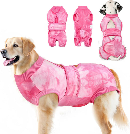 Lukovee Dogs Recovery Suit - Adjustable Dog Onesie for Female Male Dogs, Breathable Anti Licking Cone Alternative Surgery Pet Surgical Body Suit After Spay Abdominal Wounds Neuter (M, Pink Tie-dye)