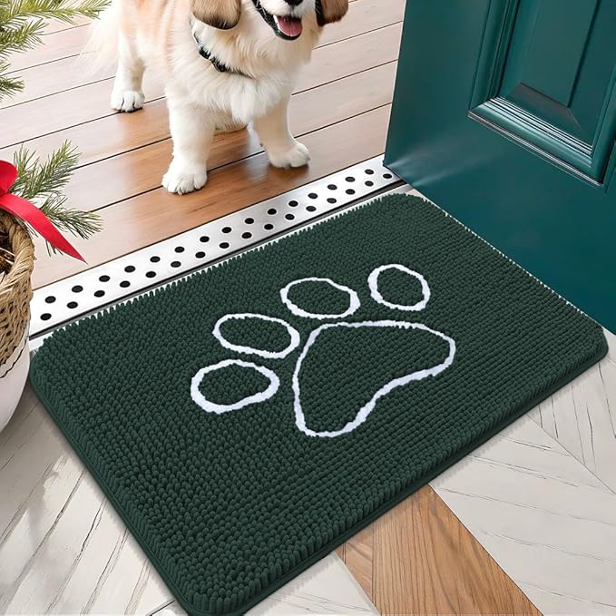 OLANLY Door Mat for Muddy Dog Paws 24x16, Absorbent Chenille Mud Doormat with Paw Print Design, Non-Slip Washable Doormat for Indoor Entryway, Quick-Dry Pet Bed Mats for Dirty Dogs, Blackish Green