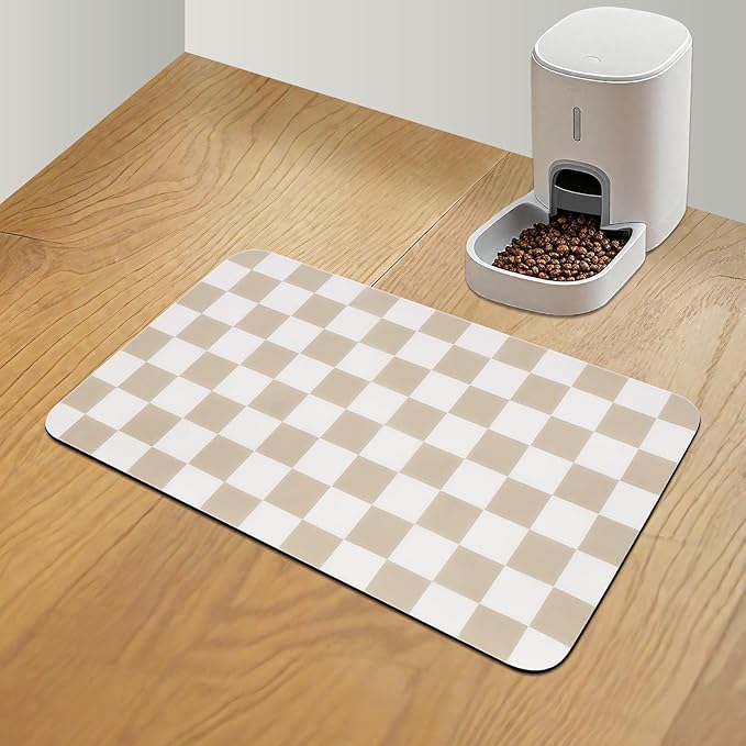 Checkered Pet Feeding Mat, Absorbent Dog Mat for Food and Water Bowls Dispenser 12" x 20" Khaki