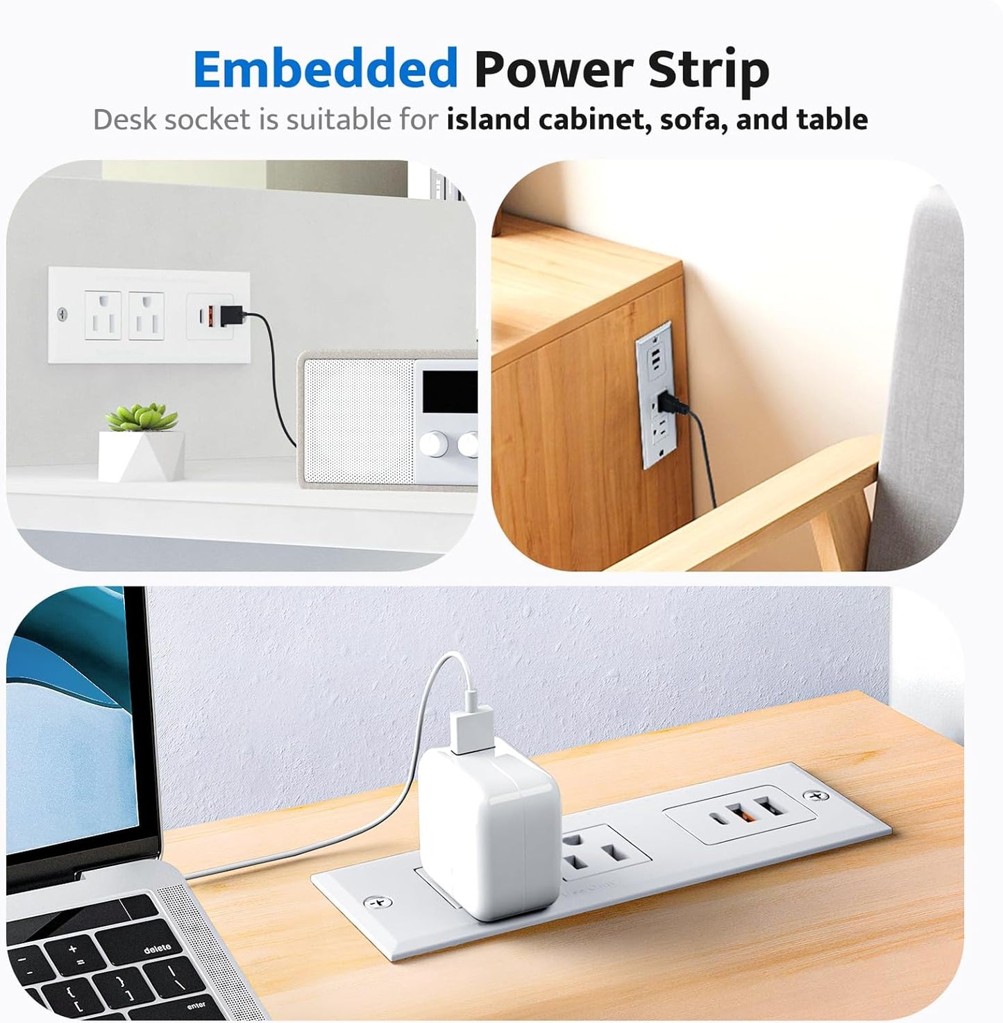 DOACE Recessed Power Strip with 18W USB C Fast Charging Conference Recessed Outlet,Space-Saver for Furniture Side Table,2 AC Outlets,3 USB Ports,6ft Cord, 45° Thin Flat Plug, White