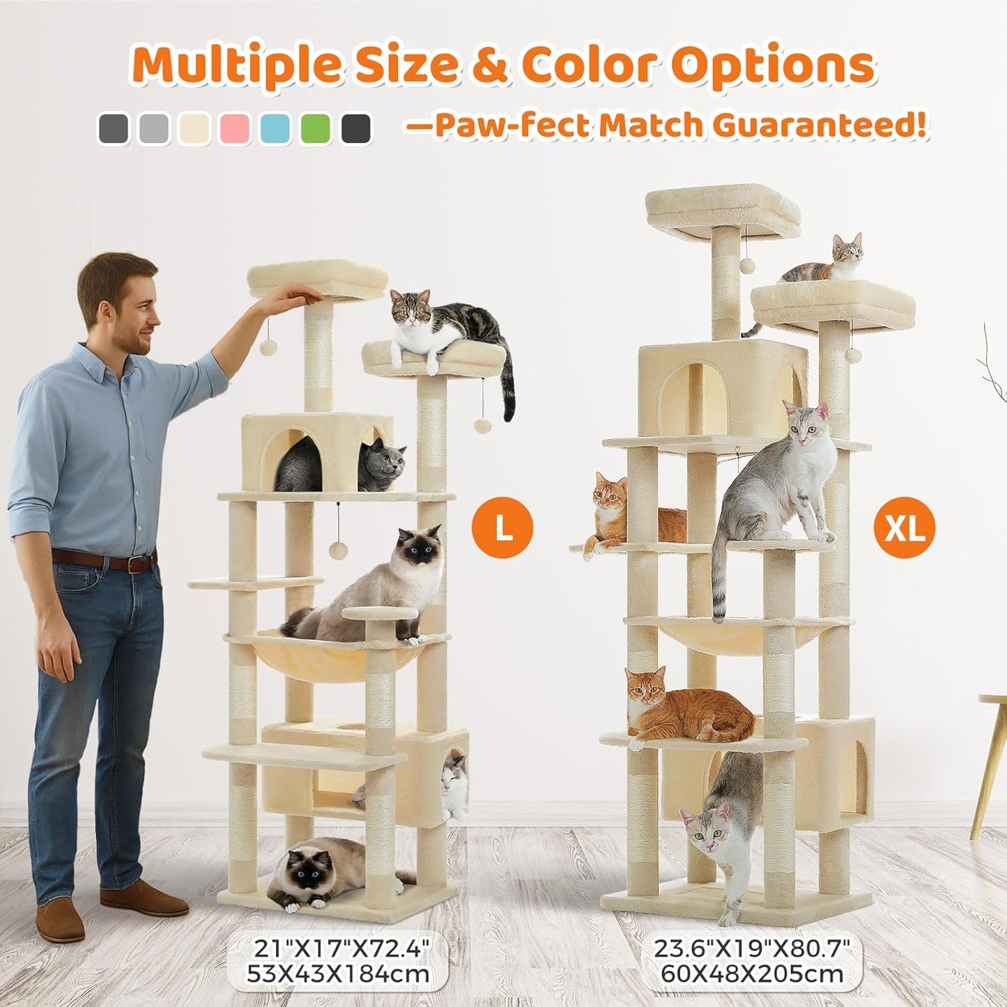 PAWZ Road Heavy Duty Cat Tree for Large Cats, 81 Inches Tall Cat Tower with 2 Perches, 2 Condos and Spacious Hammock, XL Extra Large Condo with 7 Scratching Posts for 20lb+ Adult Cats,Beige