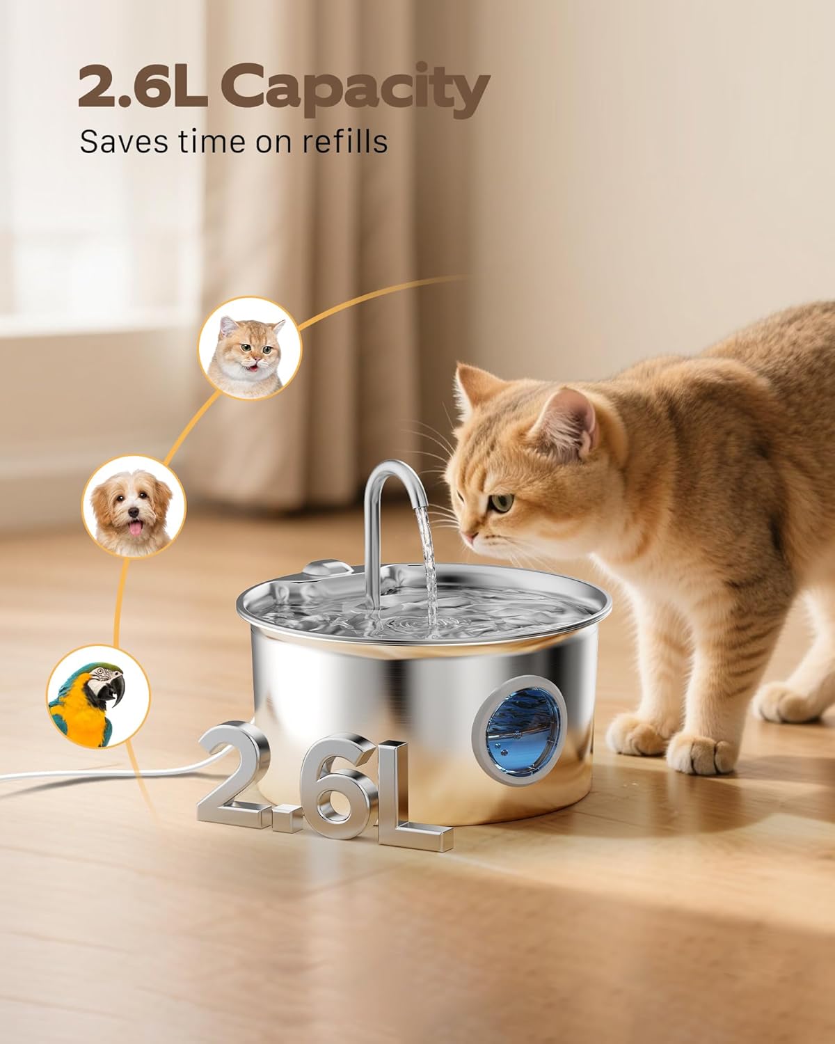Stainless Steel Cat Water Fountain: Cat Fountain for Drinking - 88oz/2.6L Pet Water Fountain for Cats Inside- Silent Cats Water Bowl Dispenser - Kitty Drinking Fountains - 6 Filters + 3 Sponges