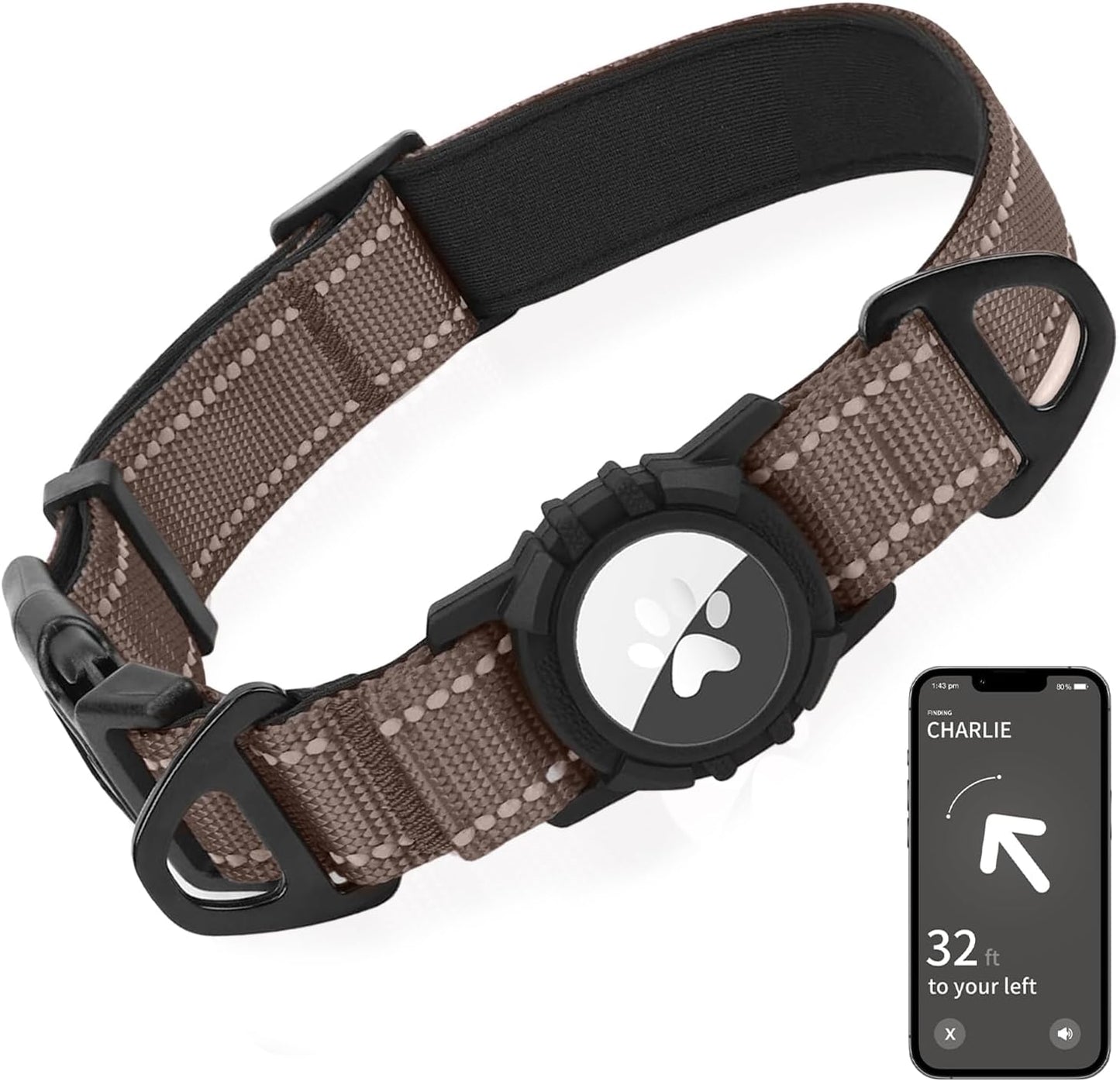 Joytale Airtag Dog Collar, Reflective Pet Collar with Waterproof AirTag Holder, Dual D-Rings, Soft Padded Adjustable for Large Dogs, Brown, L