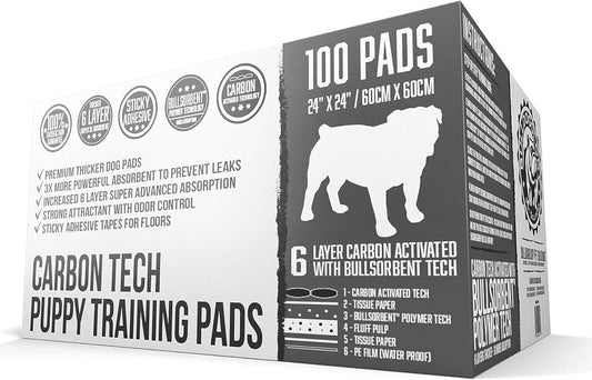 Bulldoglogy Carbon Black Puppy Pee Pads with Adhesive Sticky Tape - Large Charcoal Housebreaking Dog Training Wee Pads (24x24) 6 Layers with Extra Quick Dry Bullsorbent Polymer Tech (100-Count)