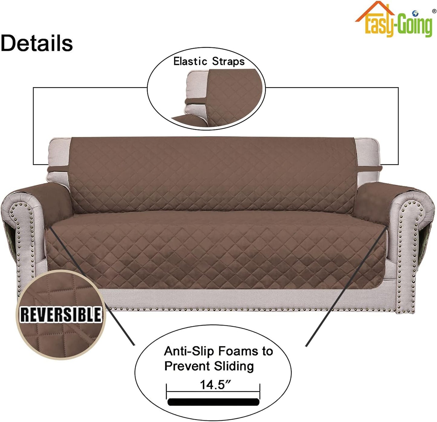 Easy-Going Reversible Couch Cover for 3 Cushion Couch Sofa Cover for Dogs Water Resistant Furniture Protector Cover with Foam Sticks Elastic Straps for Pet Cat (Sofa, Brown/Brown)