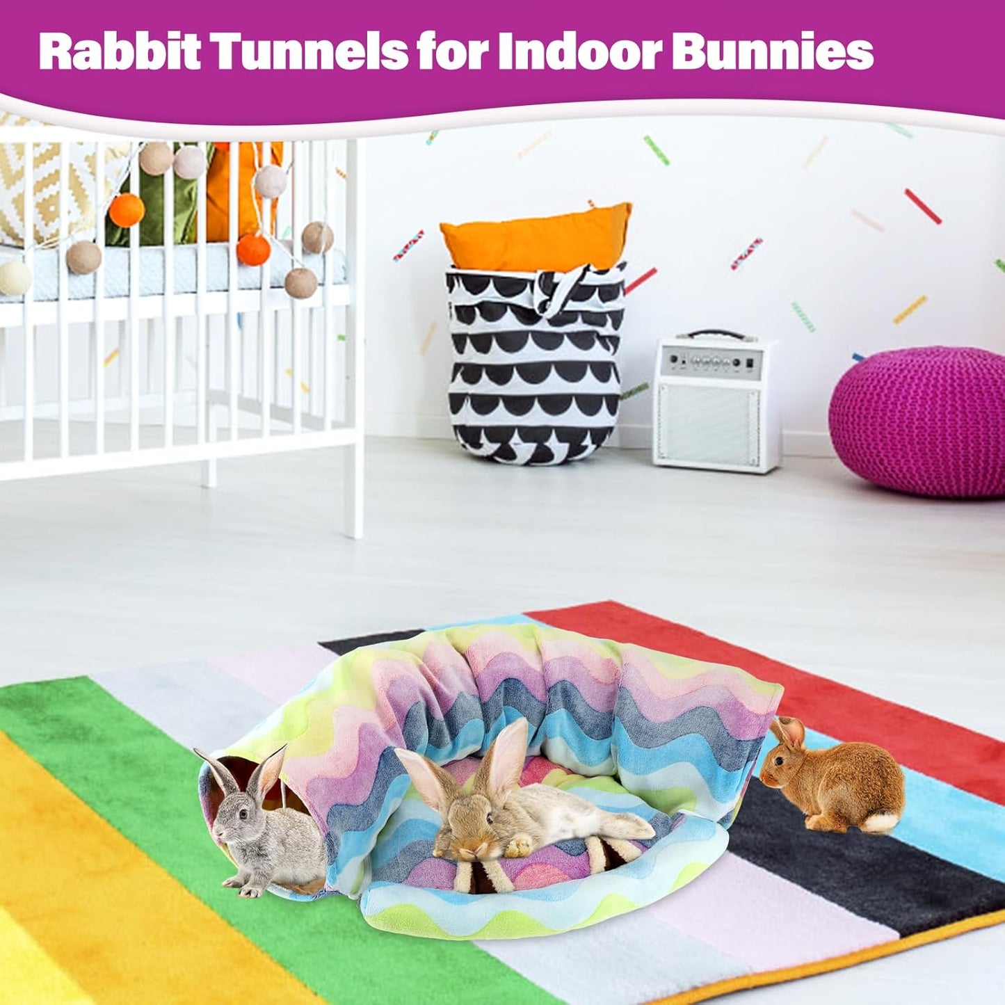 BWOGUE Bunny Tunnel Bed, 2-in-1 Collapsible Tunnel Tubes Toys with Removable Mat Hideout for Cats Kittens Rabbits Guinea Pigs Kitty