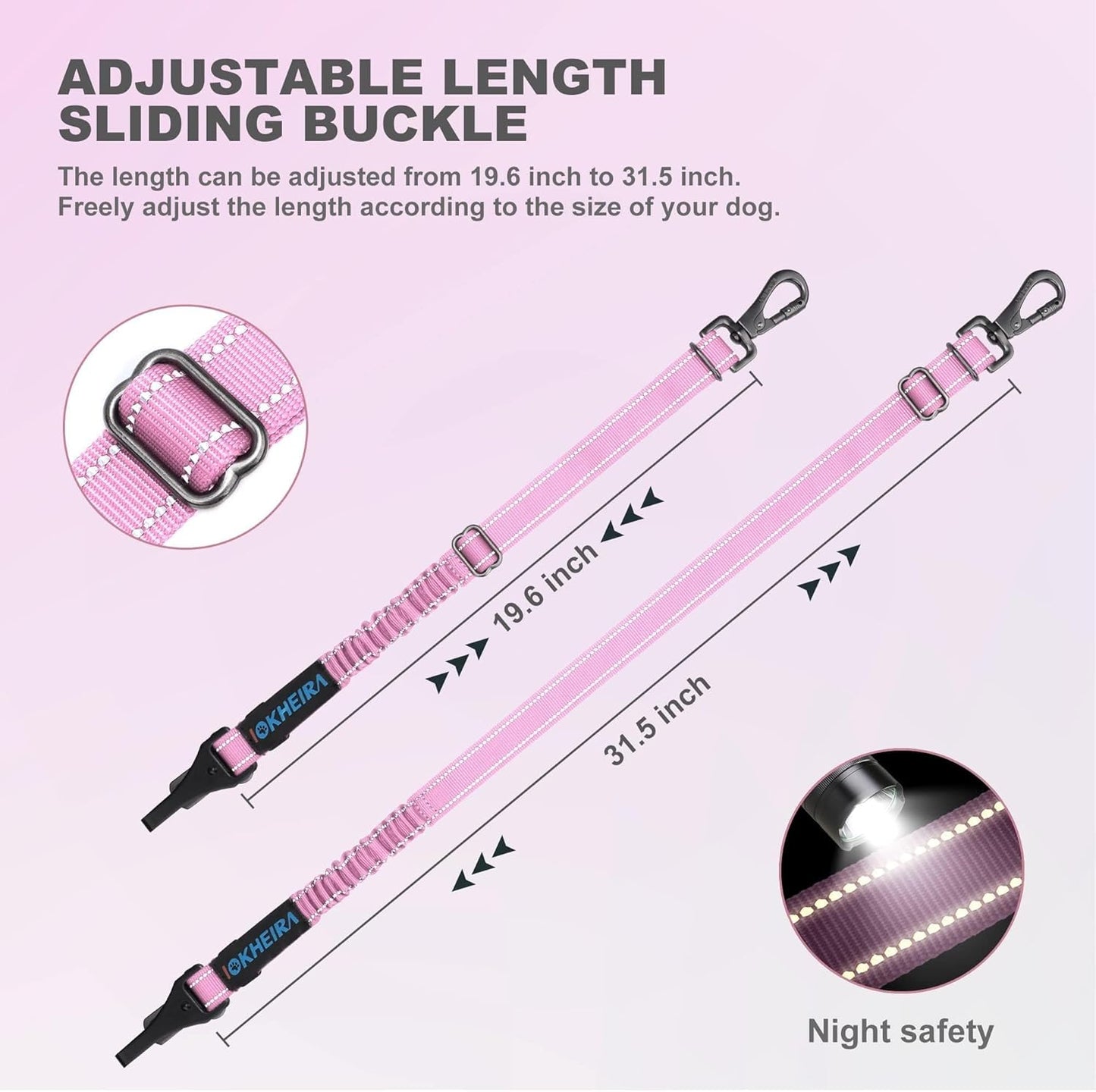 IOKHEIRA Dog Seat Belt 3-in-1 Car Harness for Pets Adjustable Safety Seatbelt Nylon Reflective Bungee Fabric Dog Car Harness with Clip Hook Latch & Buckle, Swivel Zinc Alloy Carabiner (Pink)