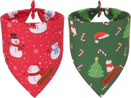 ADOGGYGO Christmas Cat Bandanas 2 Pack, Red Green Snowman Christmas Tree Bandanas for Cat Kitten