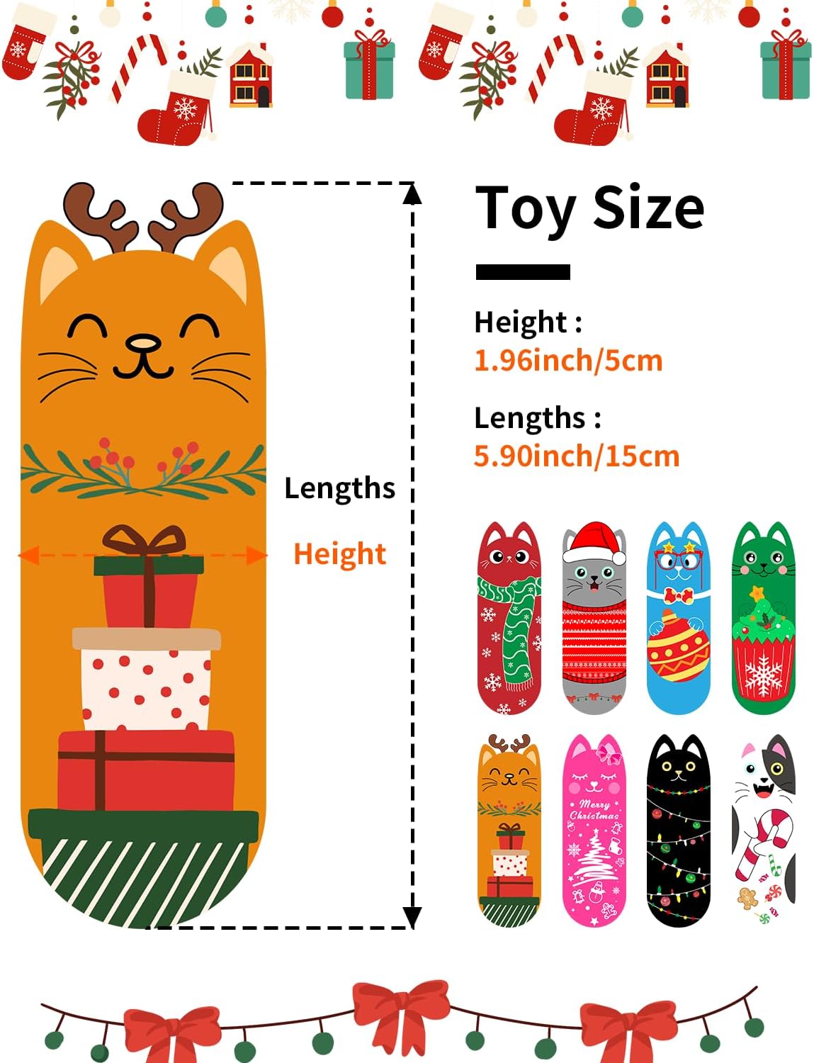 PET SHOW 8 Pack Christmas Cat Kicker Toys with Catnip Crinkle Sound Toys for Indoor Cats Xmas Santa Gift Patterns Plush Kittens Shape Natural Interactive Pet Kitty