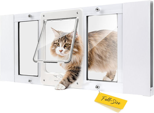 Full-Size Window Pet Door for Cats & Small Dogs, Width Adjustable Fits Sliding Windows, 10-Min Install, Aluminum Frame, HD High-Transparency Glass, Weatherproof Design, Magnetic Close