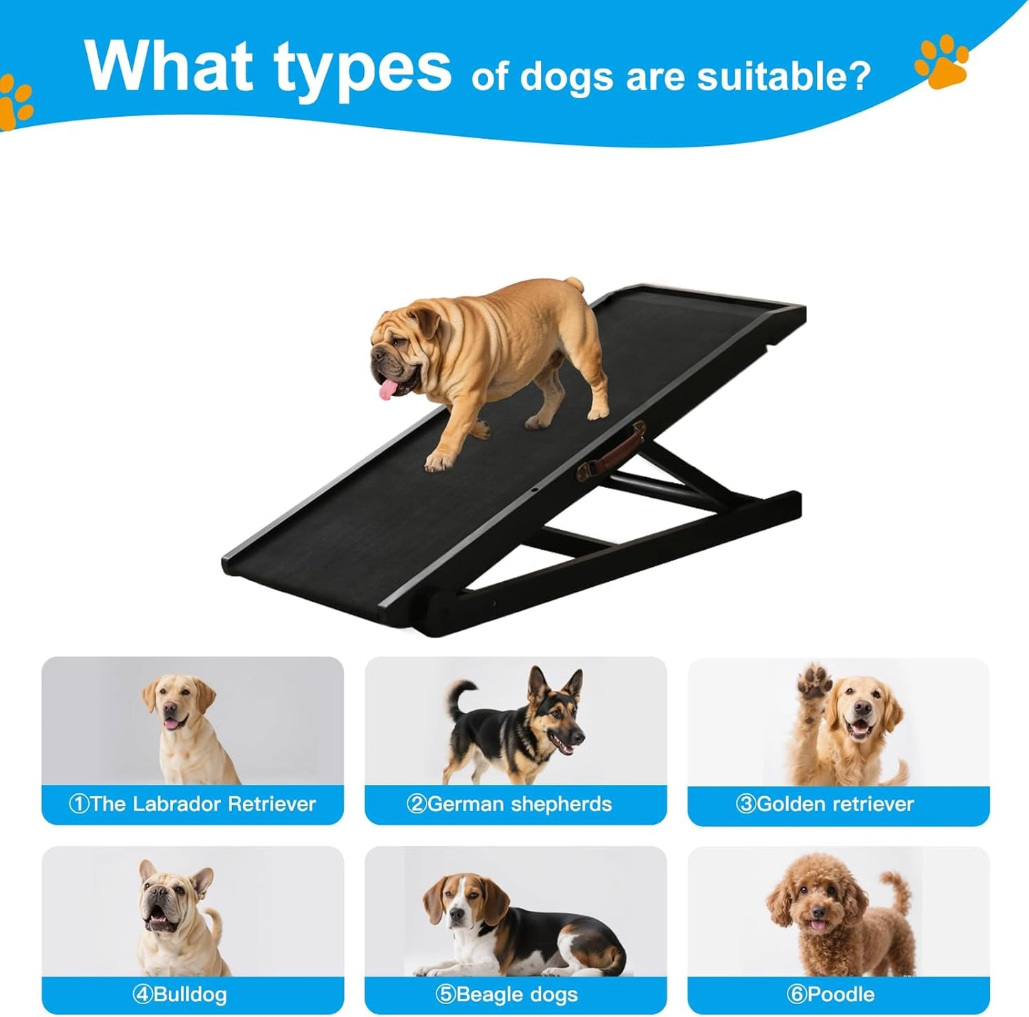 Dog Ramp for Bed and Couch- 5 Height Adjustable Solid Wood Pet Ramp for Small, Medium & Large Dogs, Collapsible Anti-Slip Dog Ramp for Sofa, Couch & Beds (Black, 115)
