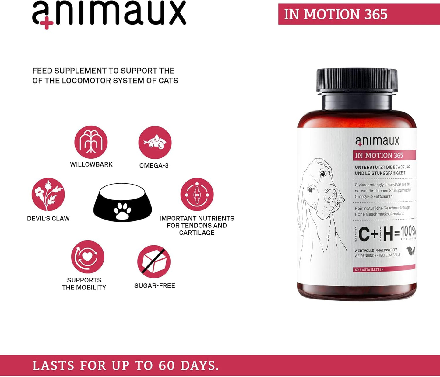 animaux – in Motion 365 for Dogs, Joints, Bones, Mobility, Ligaments and Tendons, Green-Lipped Mussel, Willow Bark and Devil’s Claw, Natural Pain Relief, 60 Chewable Tablets, 60 Days Supply