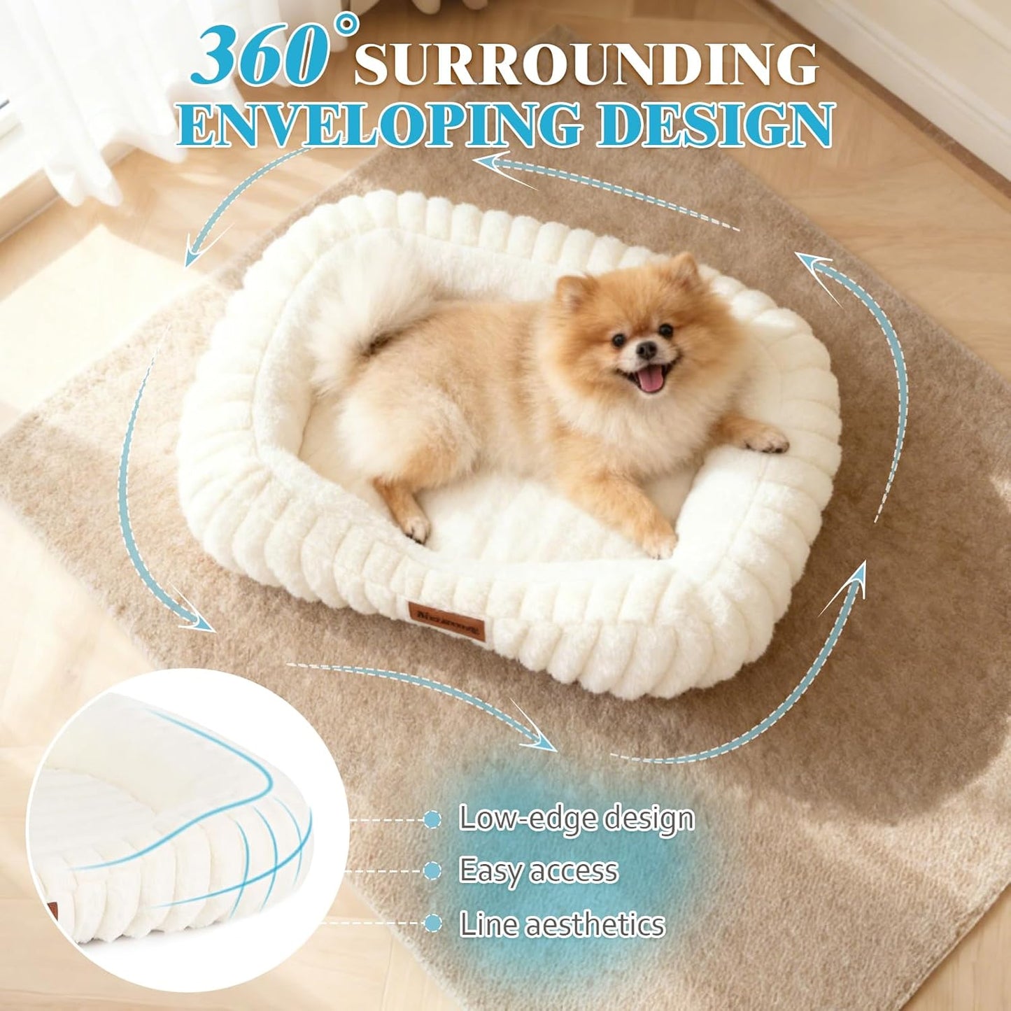 Cute Washable Medium Large Size Dog Bed, Orthopedic Rectangle Anti-Anxiety Medium Furry Dog Bed, Calming Bolster Puppy Bed with Durable Removable Zipper Cover, 30in, Cream