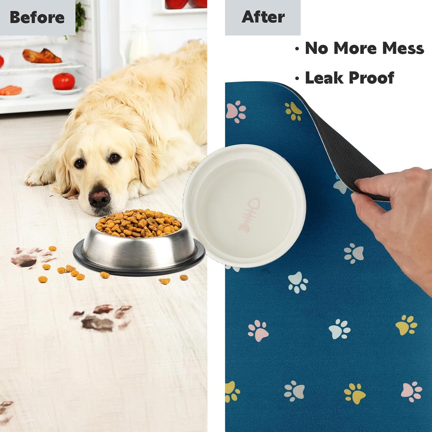 Cat Food Mat Absorbent Dog Mat for Food and Water Non Slip Quick Dry Dog Bowl Mats for Floors 24" X 16" Paw Lake Blue