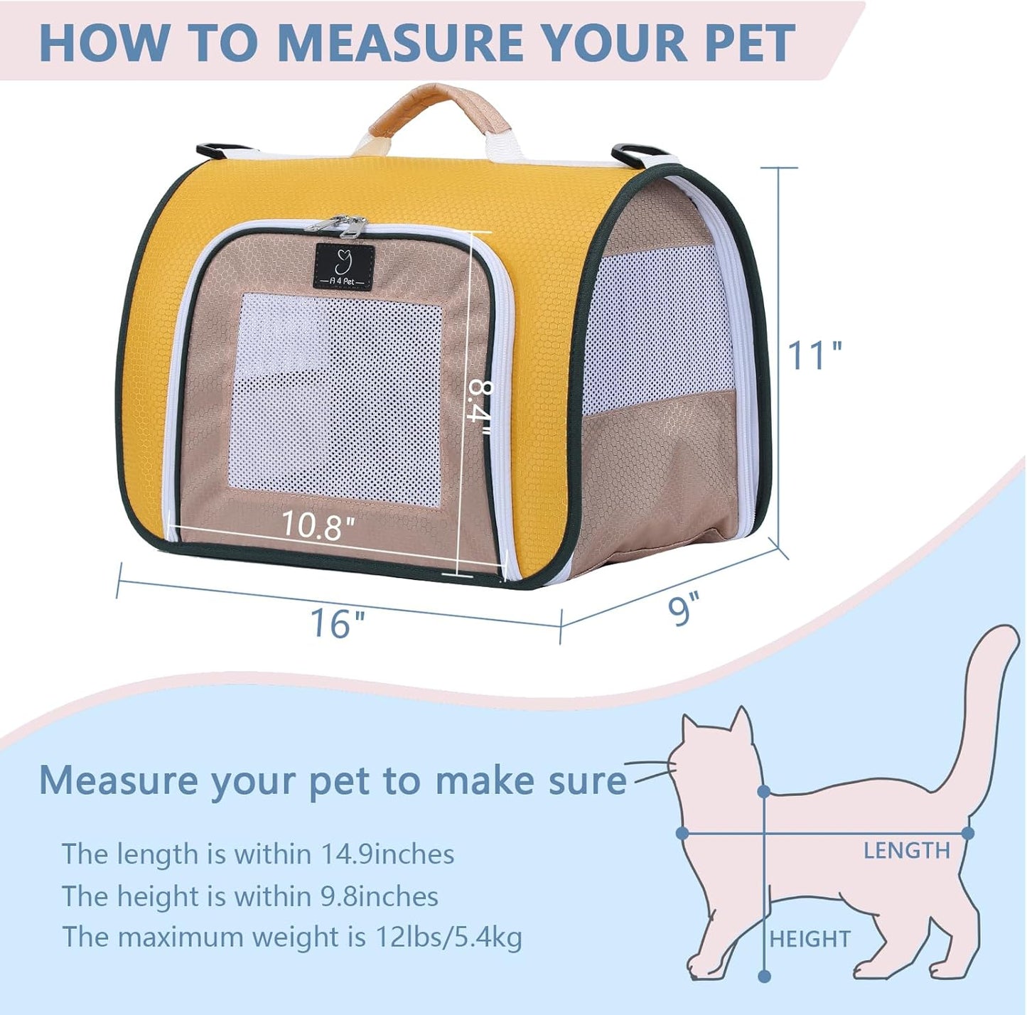 A4Pet Rabbit Carrier, Airline Approved Cat Carrier for Under 12 lbs, Soft-Sided Pet Travel Carrier Yellow, Small