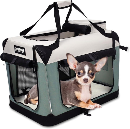 JESPET Soft Dog Crates Kennel for Pets, 3 Door Soft Sided Folding Travel Pet Carrier with Straps and Fleece Mat for Dogs, Cats, Rabbit, Indoor&Outdoor Use(5-Shale Green, Small(24"L x 16.5"W x 16.5"H))