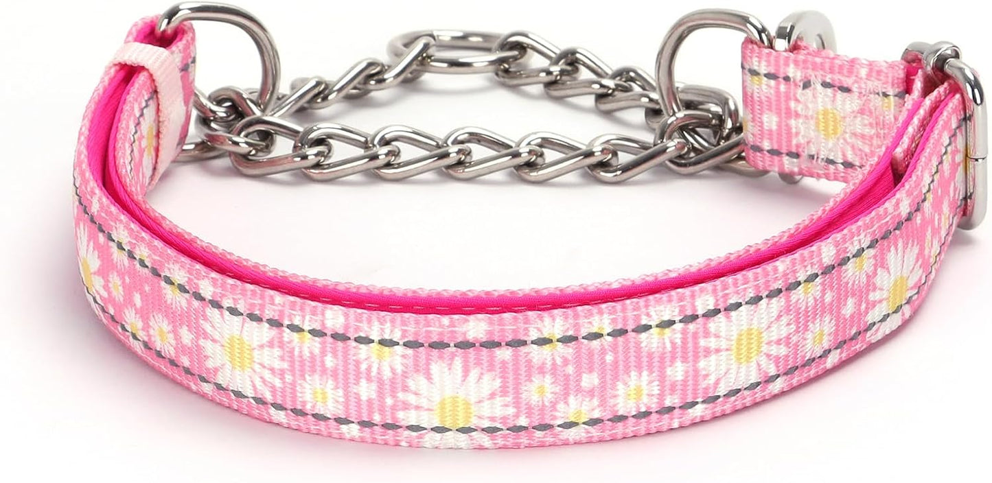 Chain Martingale Collar for Dogs，Stainless Steel No Pull Slip Cinch Choker Choke Collar Training Escape Proof Heavy Duty Dog Collar for Small Medium Large Pet Girl Female Dogs，Pink Flower M