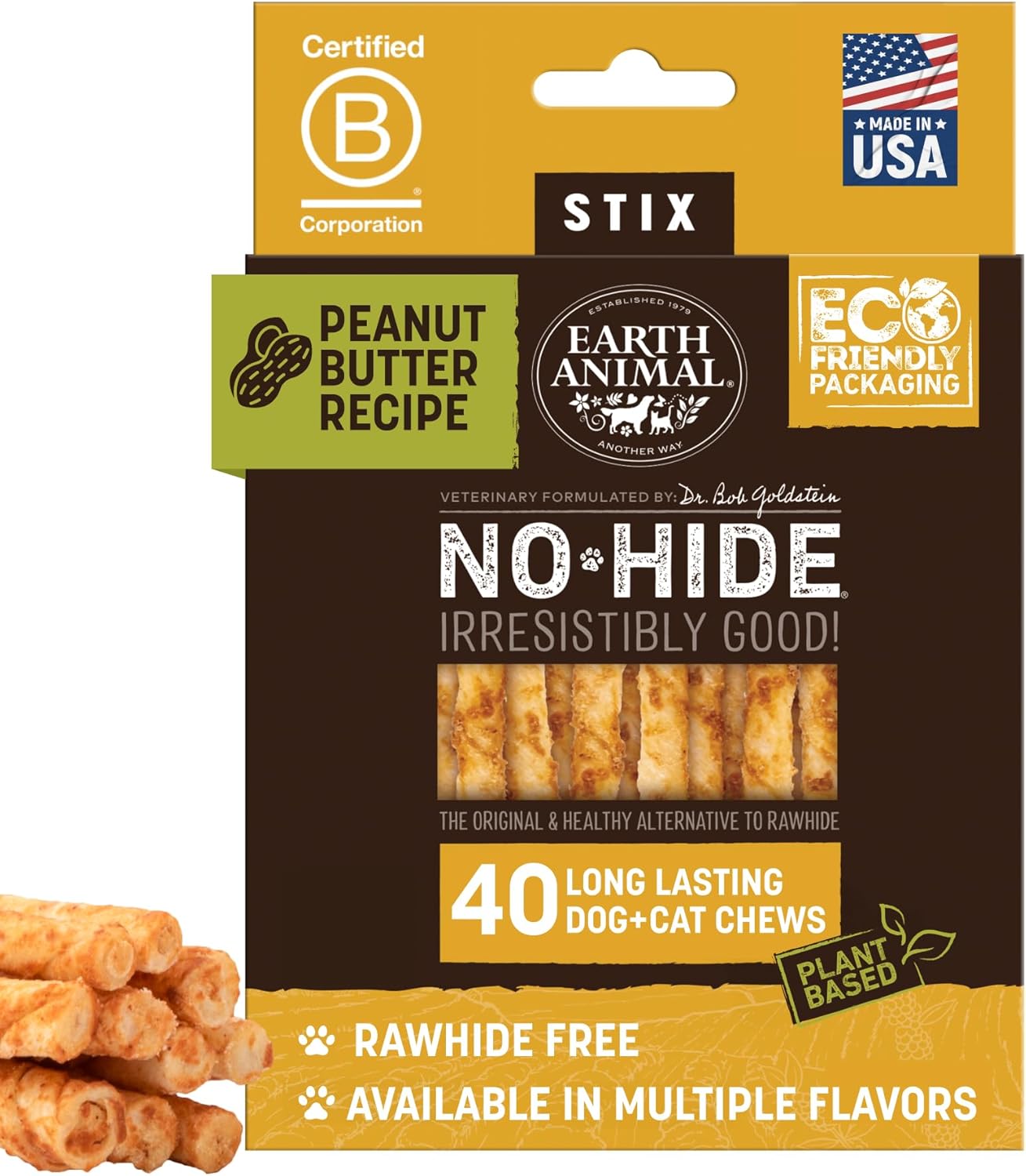 Earth Animal No-Hide Stix Peanut Butter Recipe Natural Rawhide Alternative Dog & Cat Chews - 40 Count Extra Value Pack