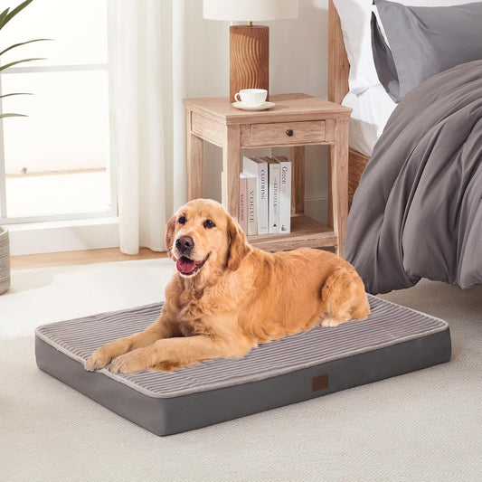 Orthopedic Dog Bed for Extra Large Dogs, Soft Plush Washable with Egg Crate Foam, Waterproof with Removable Washable Cover & Anti-Slip Bottom, Comfy Striped Dog Crate Bed, 46x30 Inch, Gray