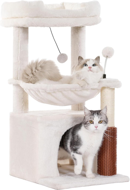 Cat Tree 32 Inches Small Cat Tree for Large Cats Adult Cat Tower with Scratching Post,15.7”Large Hammock and Self Groomer, and Removable Top Perch and Wide Condo for Indoor Cats-Beige
