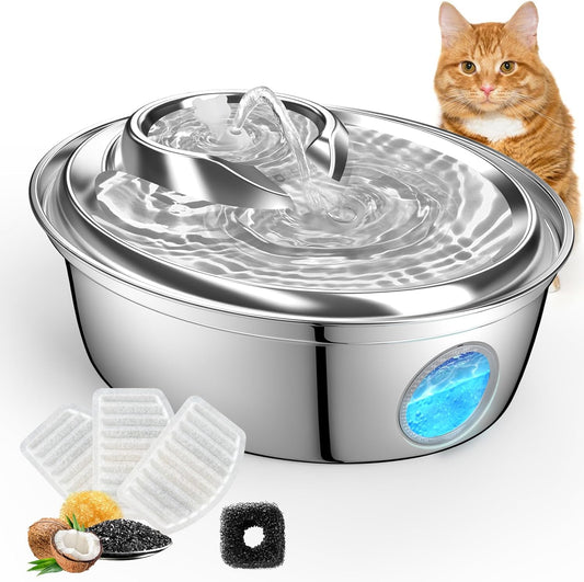 ORSDA Cat Water Fountain Stainless Steel, Automatic Pet Water Fountain, 67oz/2L Drinking Fountain Dog Water Dispenser with Water Level Window for Cats and Small Dogs- 4Pcs Filters (D36)