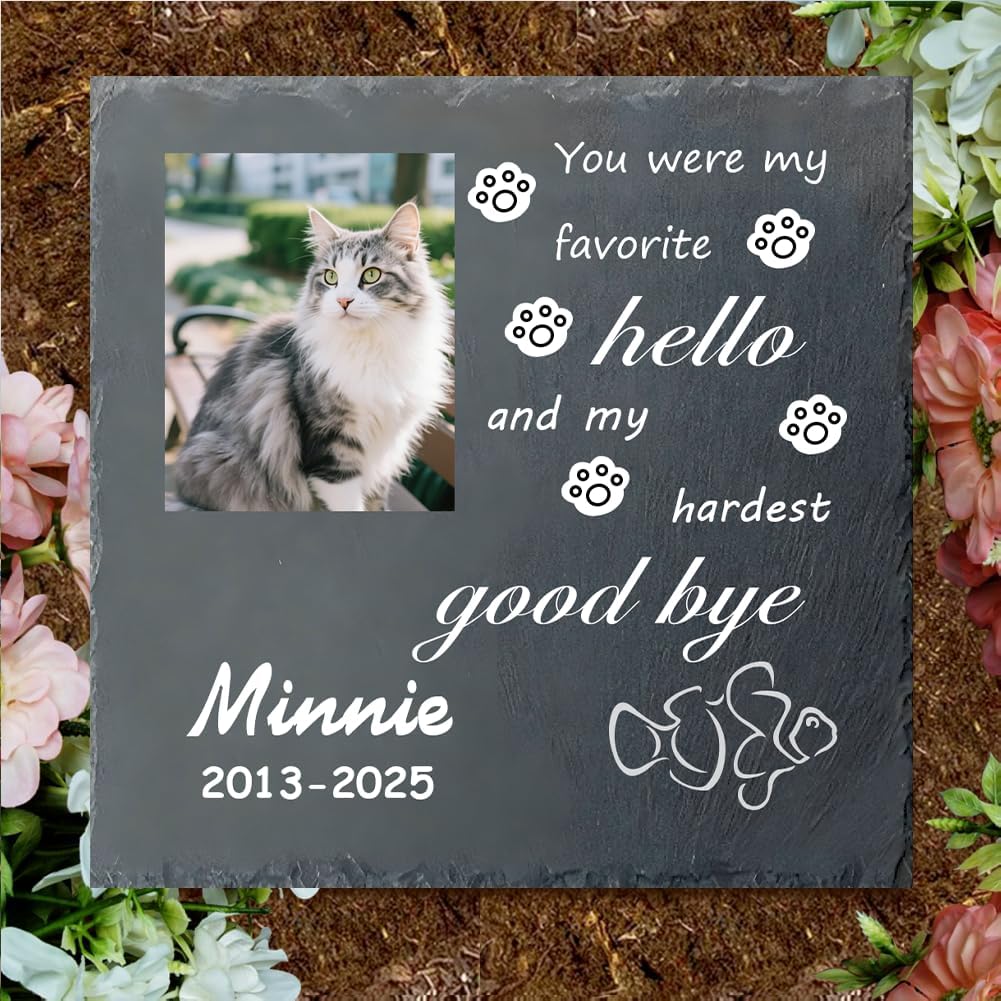 Custom Pet Memorial Stone - Personalized Cat Grave Marker with Name & Photo - Sympathy Gifts for Loss of Beloved Pet - Cemetery Decor - Rainbow Bridge Memorial for Cats (Style K)
