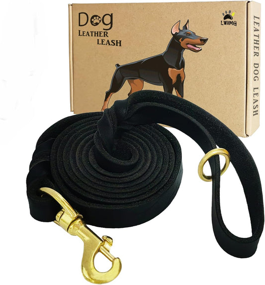 LWBMG Leather Dog Leash 8ftx1/2 inch, Heavy Duty Dog Leashes, Strong and Sturdy Handmade Pet Leashes, Soft and Comfortable Leather Leash for Medium Large Dogs Training and Walking Black