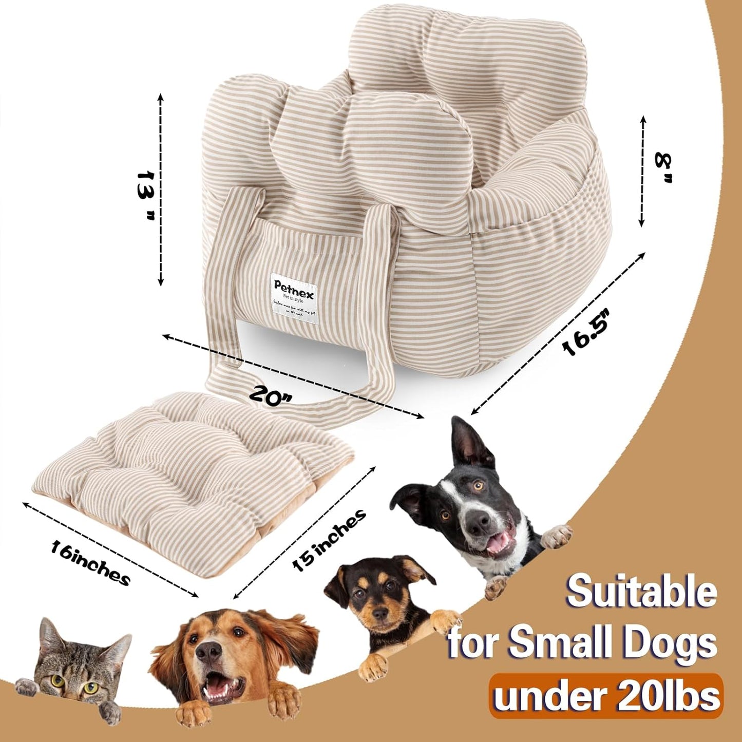 Dog Car Seat for Small Dogs, Portable Puppy Car Seat of Easy Installation, Fashionable Pet Carrier Bag with Large Pockets, Machine Washable Dog Booster Seat (Striped Khaki)