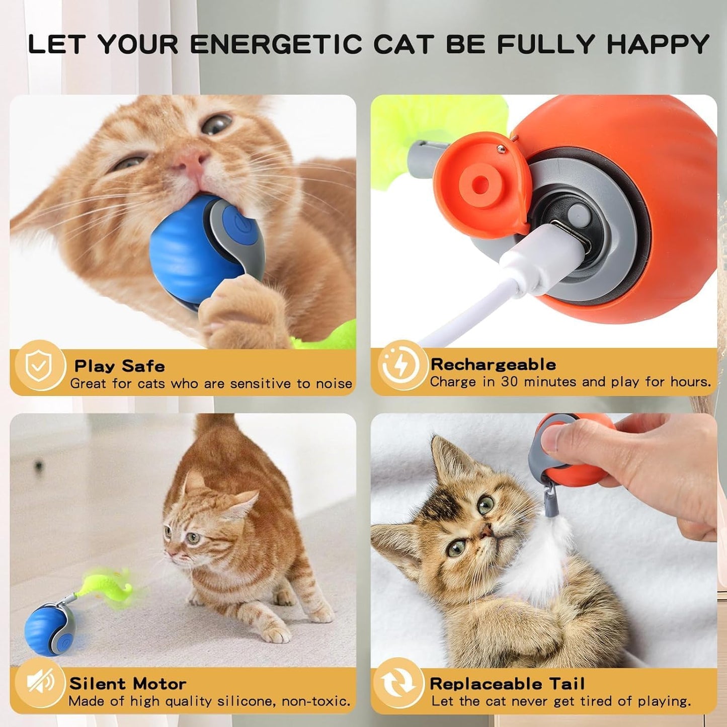 5PCS Interactive Cat Toy Automatic Moving Smart Toy Ball with Replacement Tail for Indoor Bored Cats/Dogs, Sensor Teasing Ball Self-Rolling Pet Chase, Speedy Cat Toys for Pets Exercise (Blue)