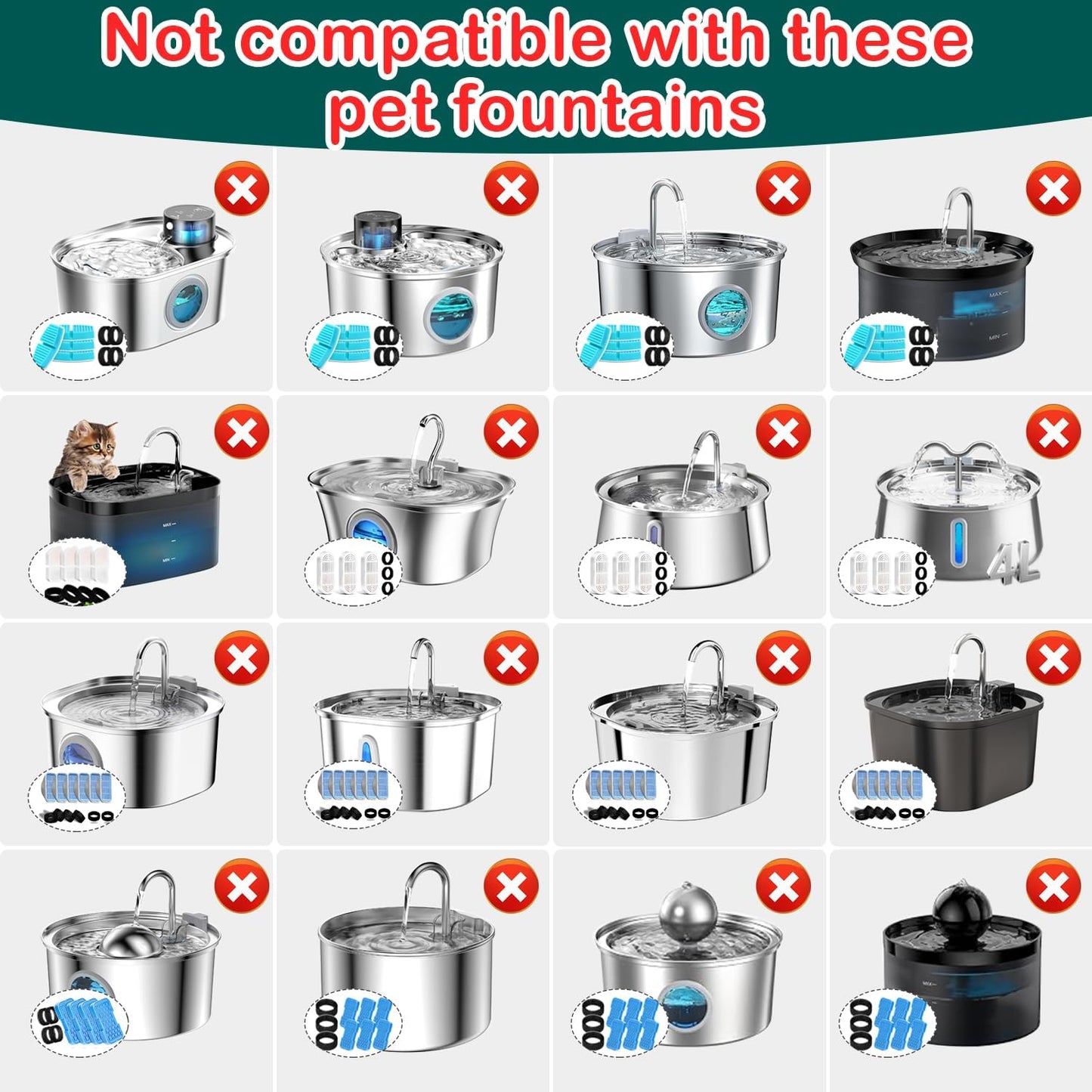 Cat Water Fountain Filter,8 Pack Cat Fountain Filter Replacement for Stainless Steel 67oz/2L and 3.2L/108oz Pet Water Fountain,Pet Fountain Filters Replacement(4+4 Pack)