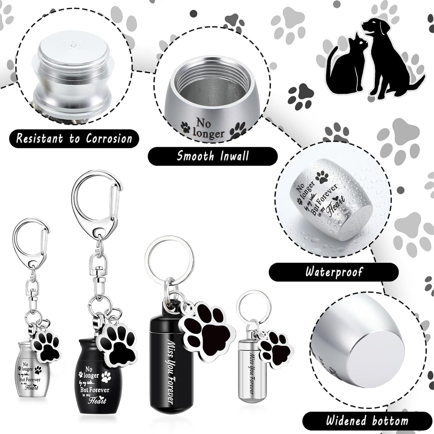 Kigeli 4 Pcs Pet Ashes Keepsake Keychain for Dog Pet Ashes Urn with 4 Pcs Filling Tools Memorial Cylinder Cat Cremation Jewelry Pend Paw Print Urn Pendant 2 Styles