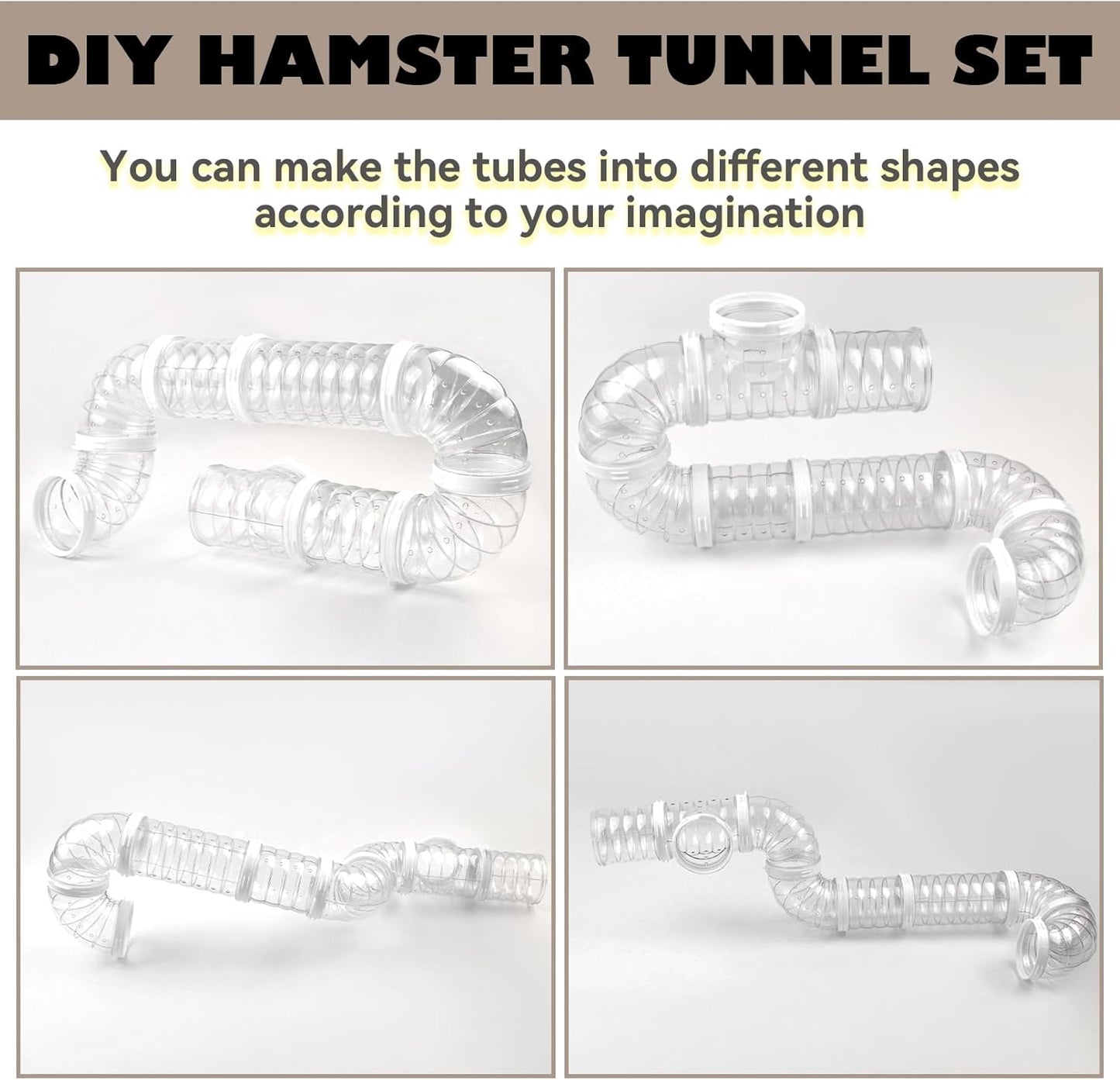 8 PCS Hamster Tunnel Kit,Transparent Curved Pet Cage Tube Set Dwarf Hamster Accessories DIY Toy Connection External Pipe for Mice Rat(White)