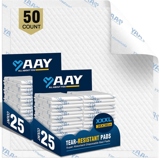 AAY Chucks Pads Disposable Adult Incontinence Bed Pads 36x36 7-Layer Ultra Absorbent, Leakproof & Heavy-Duty, Breathable & Comfortable for Adults, Babies and Pets（50 Count）