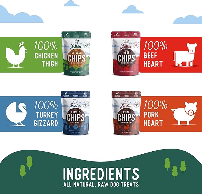 Beg & Barker Jerky Chips for Dogs Variety (3.5oz, Pack of 4) - Single Ingredient Dog Treats Made for Small and Large Dogs Protein Human Grade Dog Treats Made from Real Meat, Made in USA
