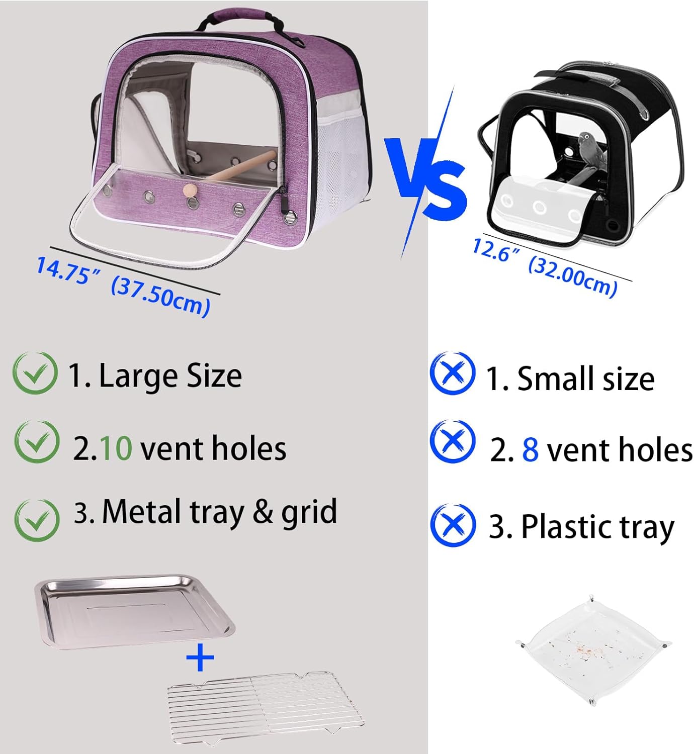 Bird Travel Carrier Cage for Large Size Parrot, Portable Bag with Metal Tray and Grid to Carry and Transport Medium and Large Birds Like African Grey, Long Tail Cockatiel and Parrot