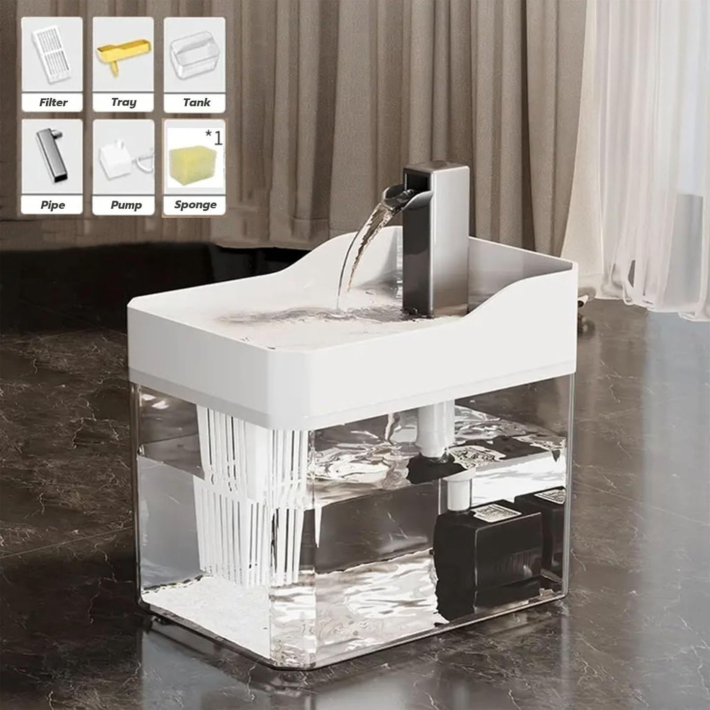 Plastic Cat Water Fountains Transparent and Visible Tank,50.7Oz/1.5L Cat and Dog Drinking Bowl Water Foutain Indoor Easy to Clean Small Pet Water Fountain with Quiet Pump White