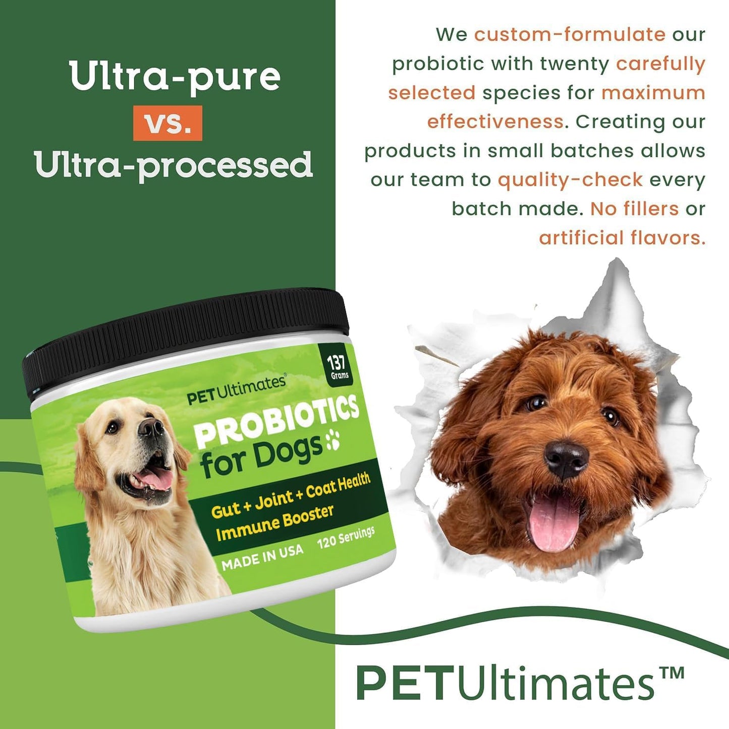 Pet Ultimates Probiotics for Dogs – 22-Species Dog Probiotics for Digestive Support & Antibiotics Recovery – Skin and Coat Supplement, Enhances Vitality – Dog Health Supplies (1 Pack)