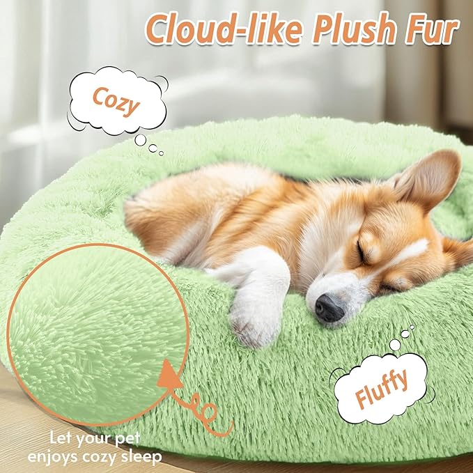 JOLLYVOGUE Calming Dog & Cat Bed for Small Dogs, Anti-Anxiety Donut Cuddler Cozy Soft Round Bed with Anti-Slip Bottom, Fluffy Faux Fur Plush Cushion Beds for Small Medium Pets (23")