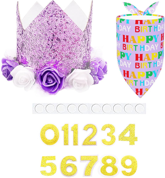 PET SHOW Purple Crown Dog Birthday Party Hat with Bandana Set for Girls Reusable Party Supplies Cat Kitten Headband with 0-9 Numbers Charms Costume Accessories with Glue