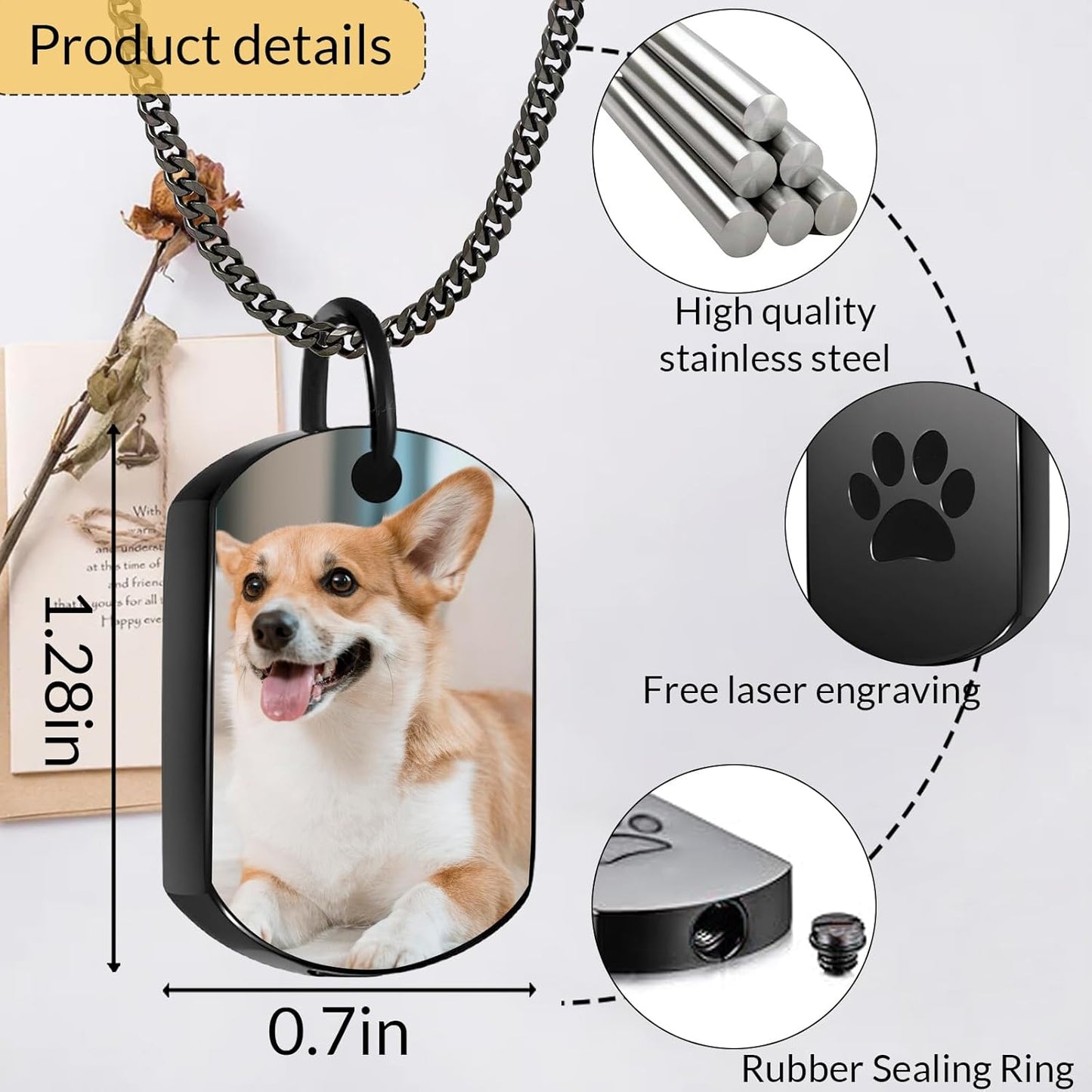 Personalized Pet Urn Necklace for Dog Ashes Custom Engraving Photo Text Pet Cremation Jewelry Customize Memorial Gift for Pet Dog Cat Ashes Necklace (02-Color)