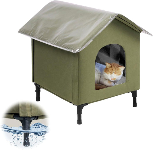 Large Cat House for Outdoor Cats Weatherproof, Indestructible Feral Cat House for Outside, Waterproof Elevated Kitty Pet House with Soft Pad, Extra Roof Cover, Easy Assembly, Barn, Porch