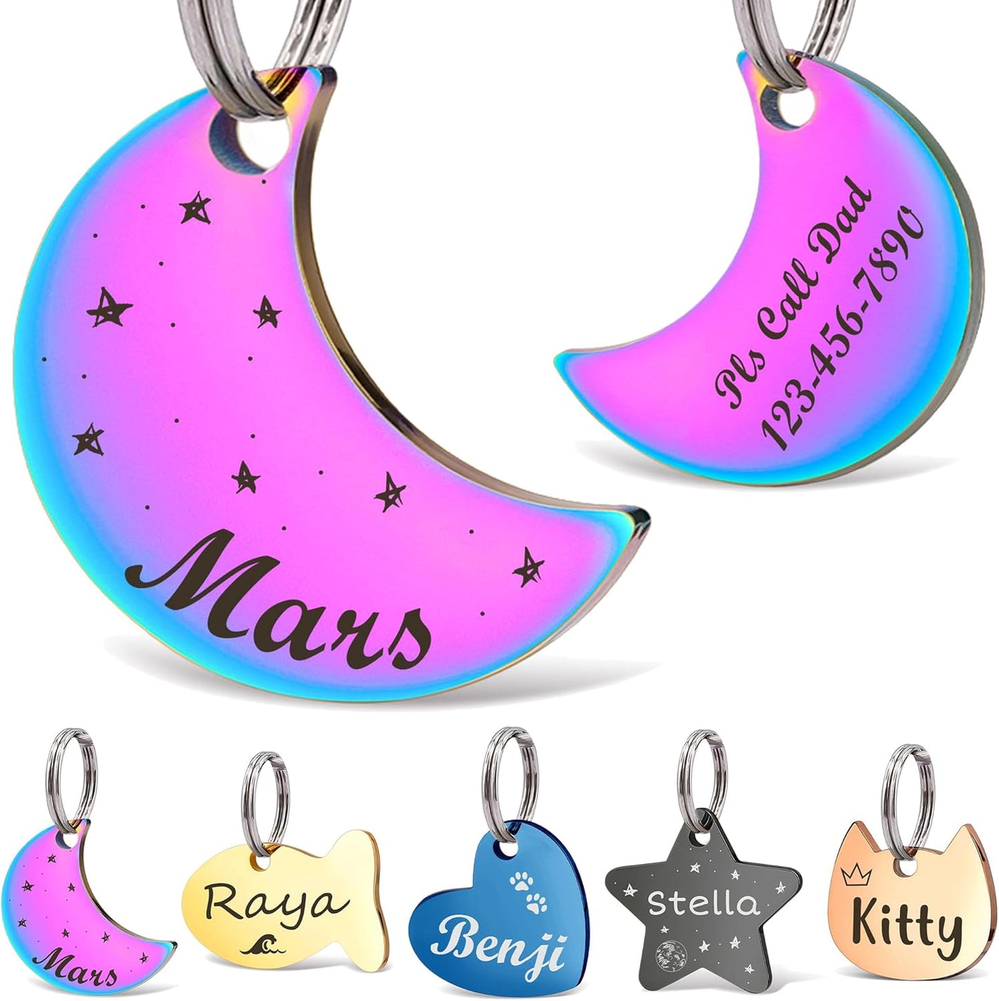 Anavia Small Size Dog Cat ID Tags, Small/XS Personalized Color Plated Stainless Steel Puppy Kitten Name Tags, Customized Engraved Nameplate Pet Collar Tag (Rainbow, Moon)