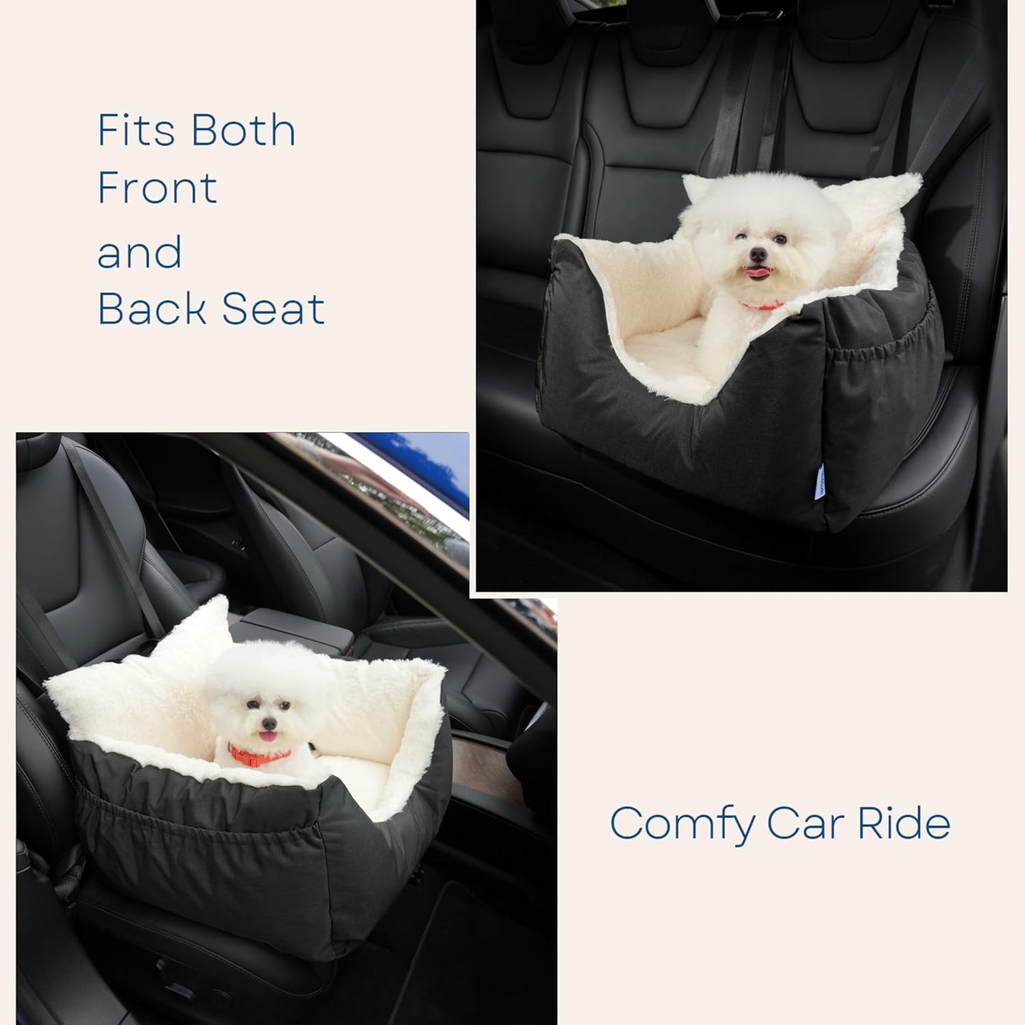 Milk and Soda Small Dog Car Seat Bed for Small Dogs Under 20 LBS with 2-Sided Pillow, Side Pockets, Built-in Leash, Machine Washable Cover (Black, Small)