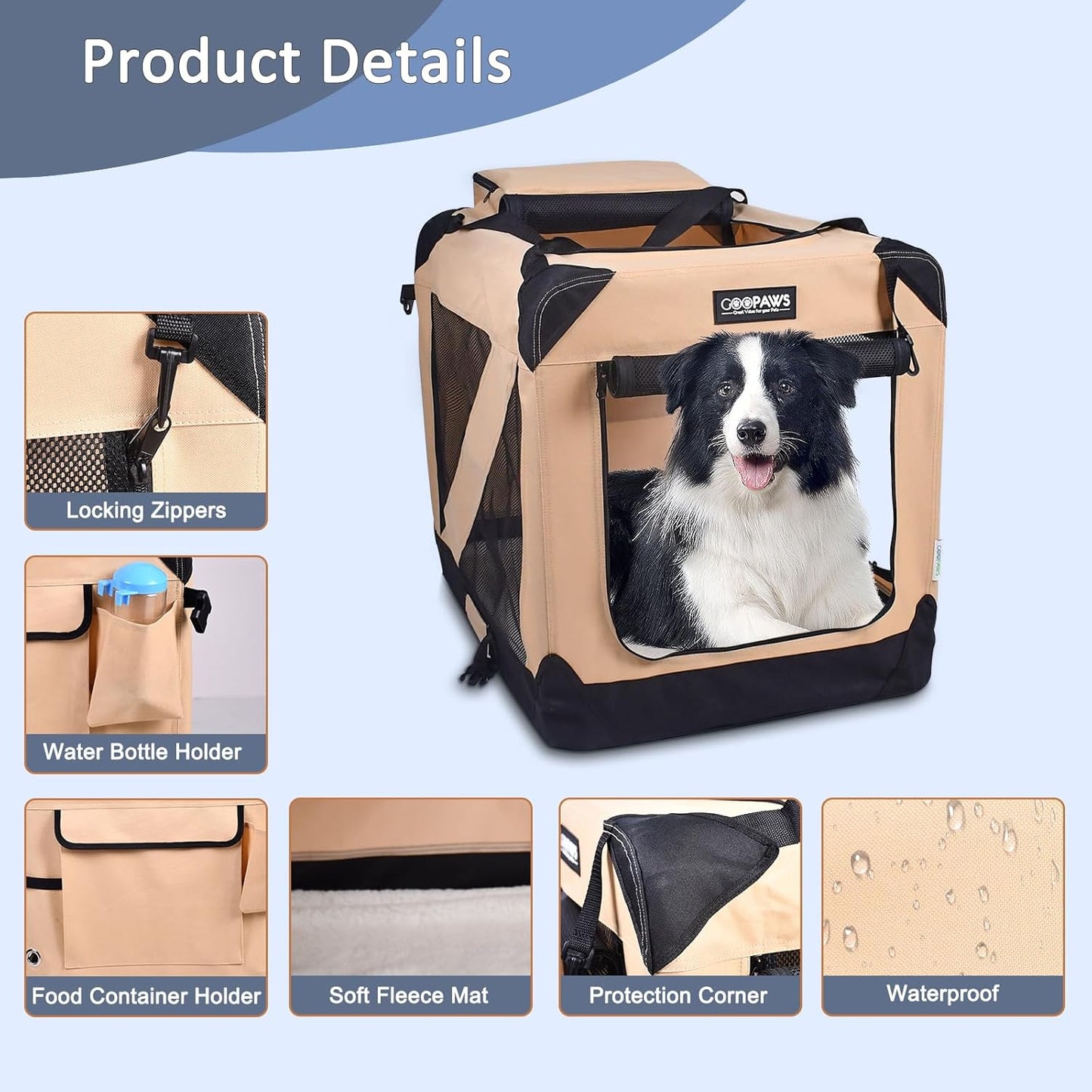 JESPET 36'' Soft Dog Crates Kennel for Pets, 3 Door Soft Sided Folding Travel Pet Carrier with Straps and Fleece Mat for Dogs, Cats, Rabbits, Grey Blue & Beige (36" L x 24" W x 27" H, Beige)