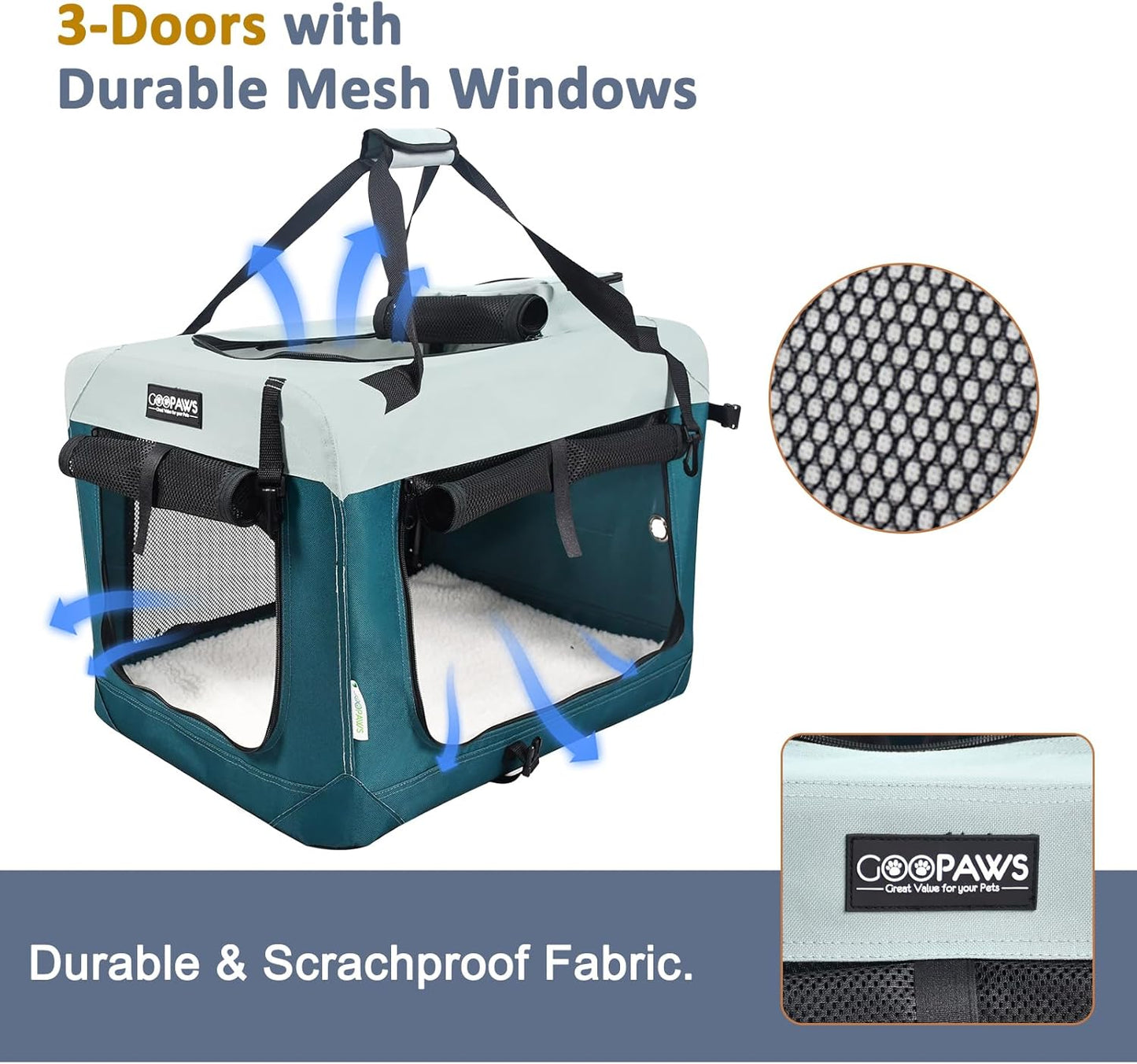 JESPET Soft Dog Crates Kennel for Pets, 3 Door Soft Sided Folding Travel Pet Carrier with Straps and Fleece Mat for Dogs, Cats, Shale Green, 36'' (8-Teal Blue, Large(30" L x 21" W x 23" H))