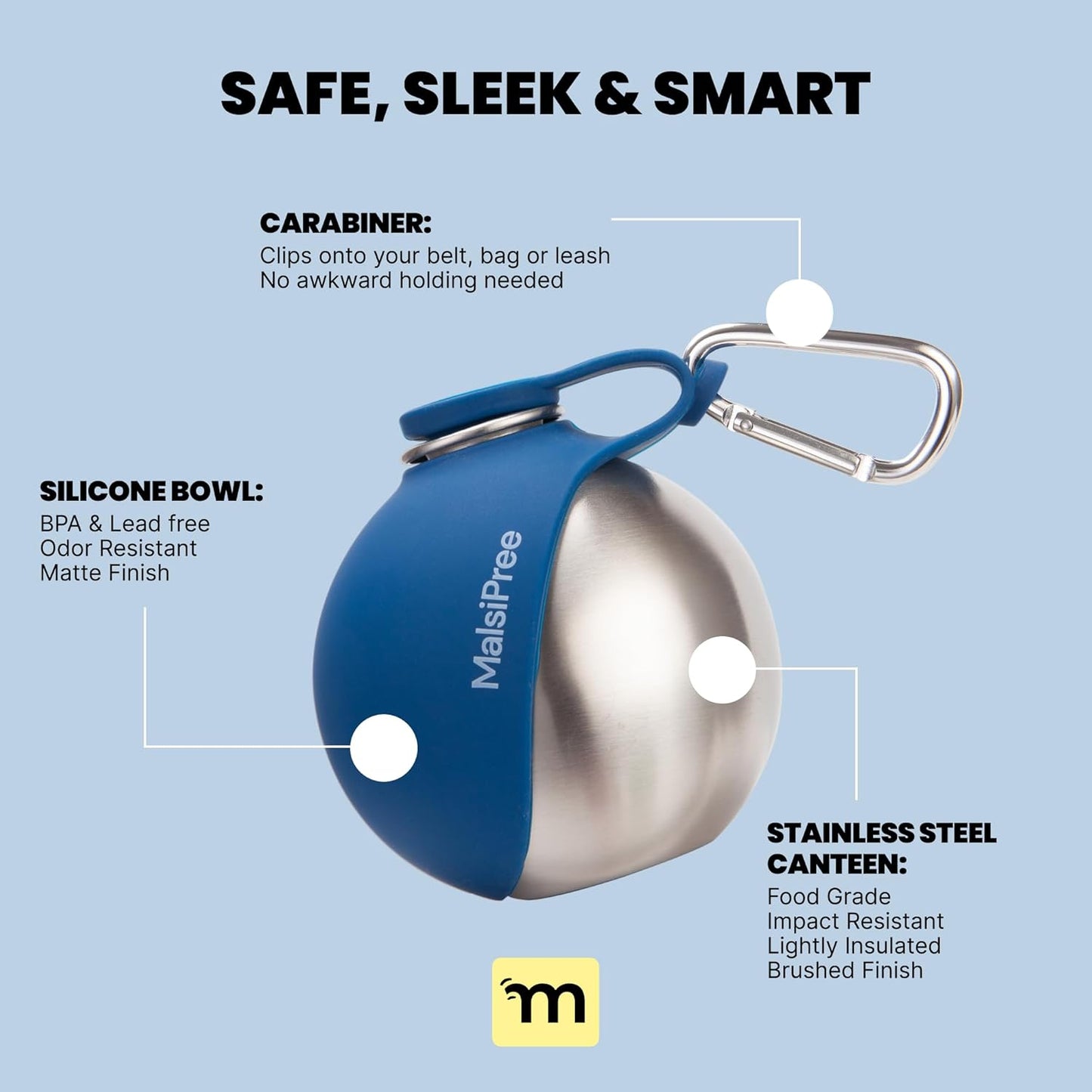 Malsipree 2-in-1 Portable Dog Water Bottle & Bowl for Small Dogs - Leak Proof & Insulating - Travel Water Dispenser - Stainless Steel Bottle & Silicone Bowl - Walking & Hiking (10 fl oz, Navy)