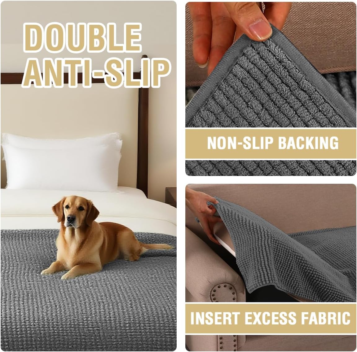 H.VERSAILTEX Plush Chenille Couch Cover for Dogs Pets Blanket for Bed Anti-Slip Soft and Durable Furniture Protector for Small Medium Large Cats Washable (52" x 82", Grey)