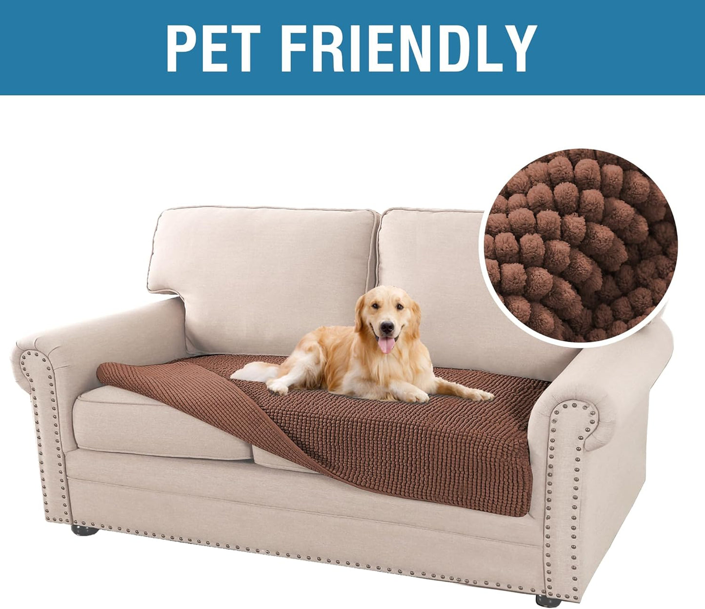 H.VERSAILTEX Plush Chenille Dog Bed Cover Thick Soft Loveseat Cover for 2 Cushion Couch Anti Slip Couch Cover Furniture Protector for Dog, Pet, Cat (35" x 62", Caramel)